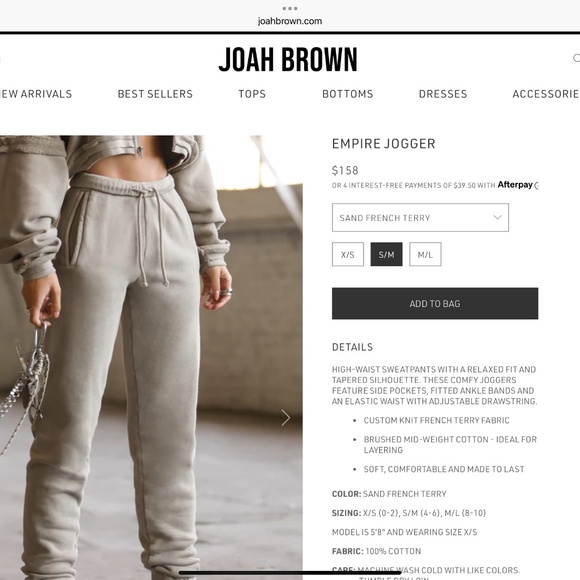 Joah Brown Empire Jogger Sand French Terry S/M - Picture 1 of 4